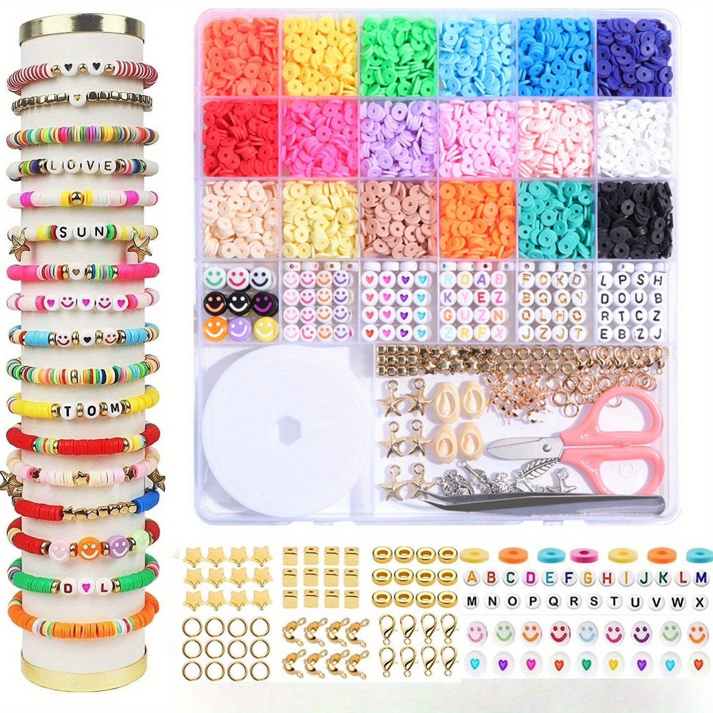 5100/7000/8600/9500 Pcs Clay Beads For Bracelet Making Kit, Preppy Spacer Flat Beads Polymer With Charms And Elastic Strings Gifts For Teen Girls Crafts DIY Craft For Girls,Children's Day Gift Set