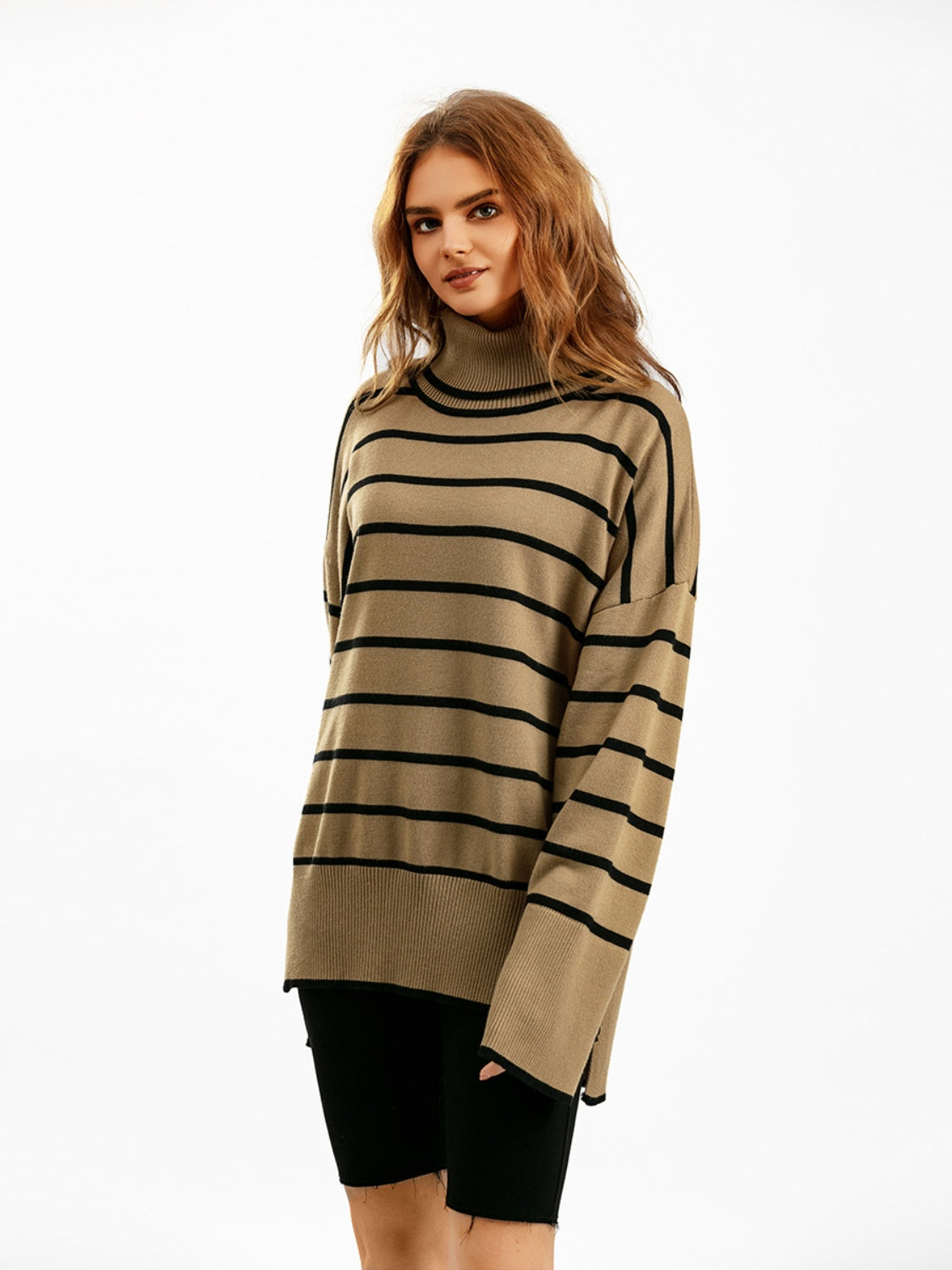 Striped Drop Shoulder Turtleneck Sweater