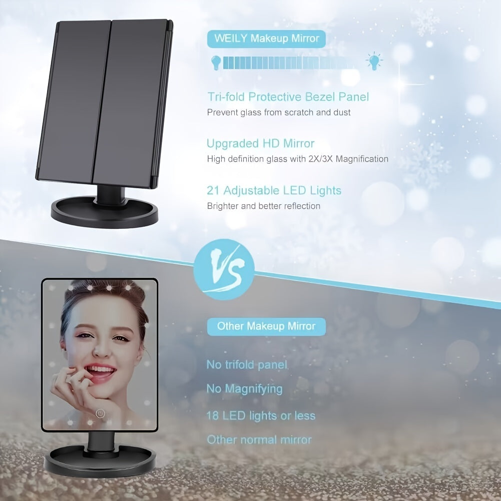 Miroir de maquillage LED à grossissement 2X-3X - Contrôle tactile, conception à trois volets, double alimentation portable - Cadeau parfait pour les femmes ! 