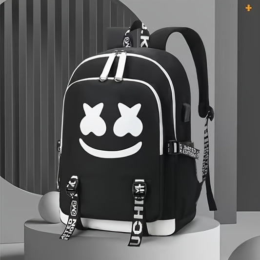 Stylish USB Charging Happy Face Backpack - Waterproof, Durable & Perfect for School!