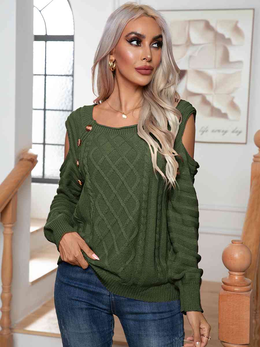 Decorative Button Cold-Shoulder Sweater