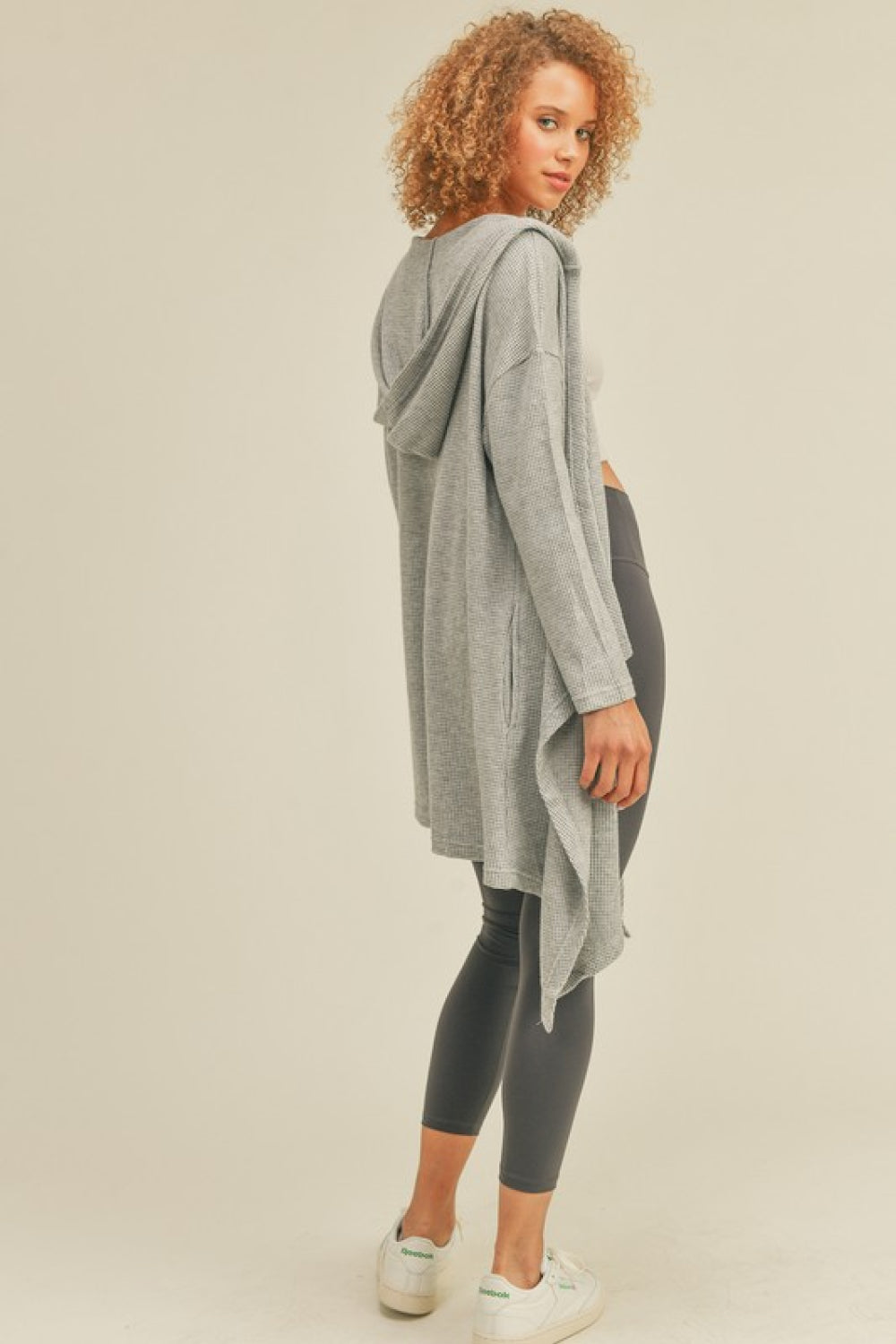 Kimberly C Full Size Waffle Knit Hooded Cardigan in Grey