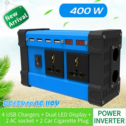 400W Car Inverter with 4 USB Chargers, 2 Universal Sockets & LED Display - Perfect for Traveling & Emergencies!