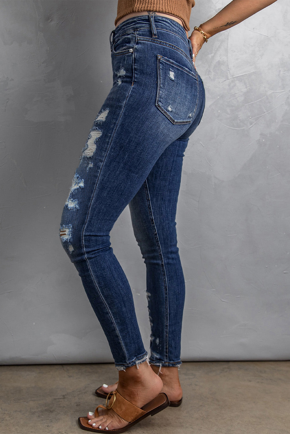 Jean skinny taille haute effet vieilli