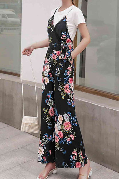 Floral Spaghetti Strap Wide Leg Jumpsuit with Pockets