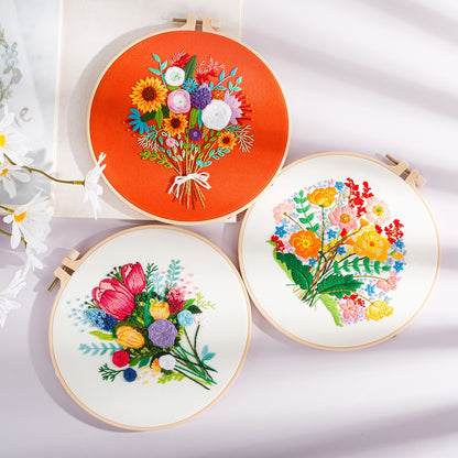 3pcs/set Embroidery Kit, Flower Bouquet Pattern, Including 1 Embroidery Hoop 7.9 Inch, DIY Knitting & Crochet Gift