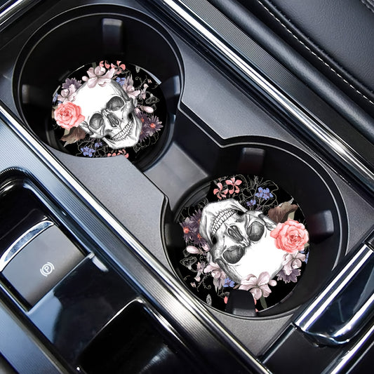 2pcs Flower Printed Silicone Car Coasters - Anti-Slip Cup Pad for Car Interior Supplies