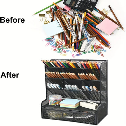 1pc Durable Metal Desk Organizer with 10 Compartments and 1 Drawer - Perfect for Pencils, Office Supplies, and More