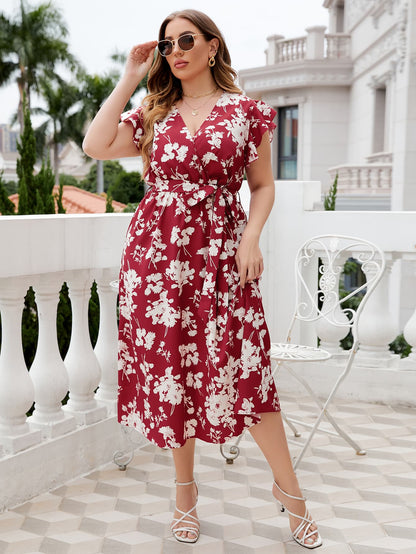 Plus Size Floral Tie Waist Surplice Neck Midi Dress