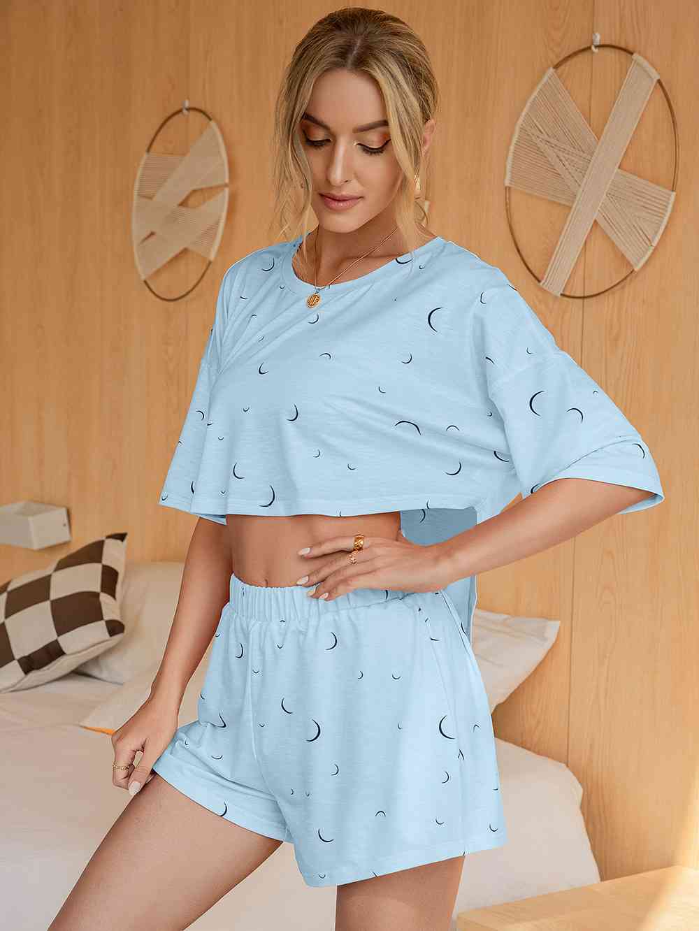 Moon Print T-Shirt and Shorts Lounge Set