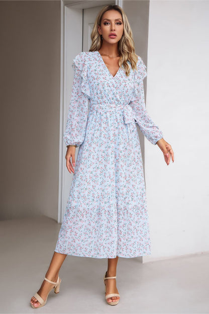 Surplice Neck Balloon Sleeve Midi Dress