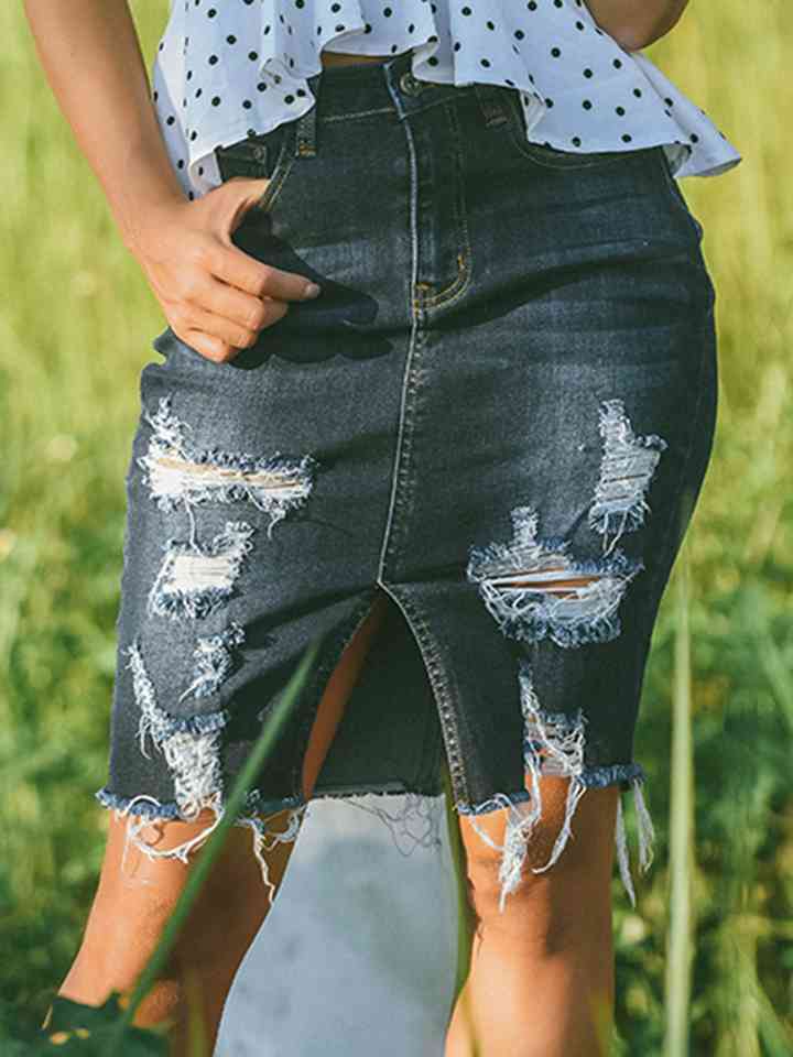 Jupe en jean fendue pleine taille en détresse