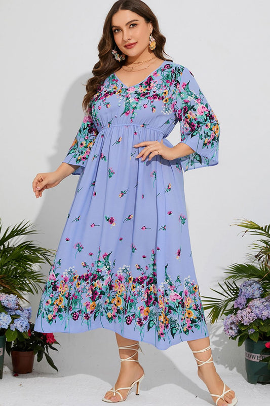 Plus Size Floral V-Neck Three-Quarter Sleeve Midi Dress