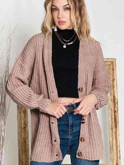 Full Size Button-Up V-Neck Long Sleeve Cardigan