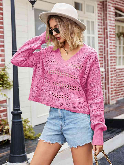 V-Neck Openwork Long Sleeve Sweater