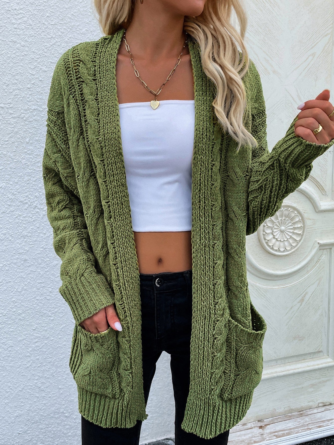 Cardigan ouvert sur le devant en tricot torsadé avec poches avant