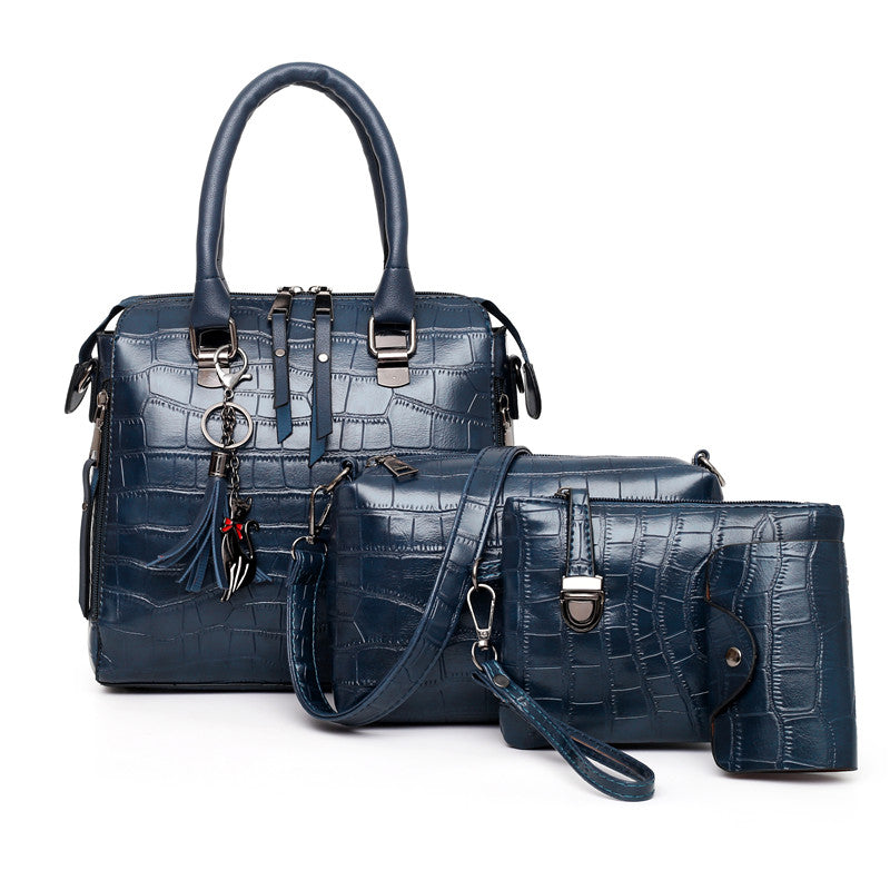 4-Piece Croc-Embossed Handbag Set: Tassel-Decorated Shoulder Bag, Wristlet Purse & Card Holder