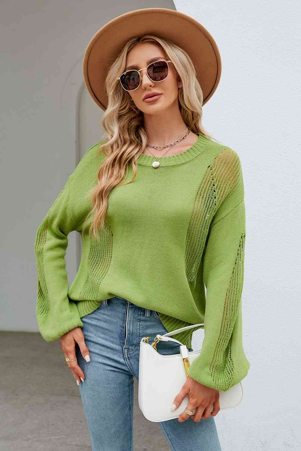 Openwork Round Neck Dropped Shoulder Knit Top