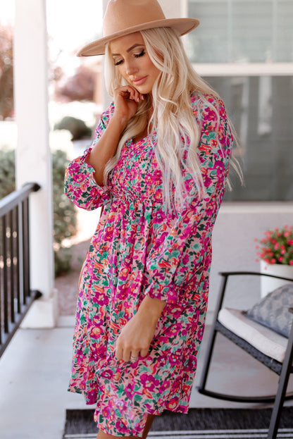 Floral Smocked V-Neck Flounce Sleeve Dress