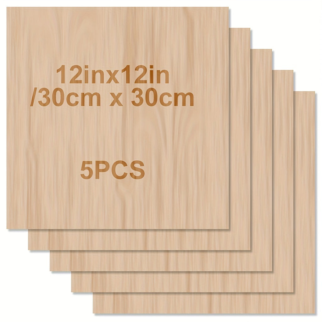 5pcs Basswood Sheets For Crafts-12 X 12 X 1/8 Inch- 3mm Thick Plywood Sheets With Smooth Surfaces-Unfinished Squares Wood Boards For Laser Cutting, Wood Burning, Architectural Models, Staining