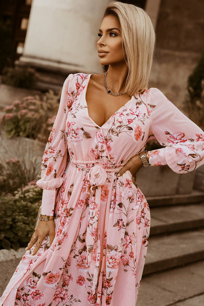 Floral Tie Belt Bishop Sleeve Slit Maxi Dress