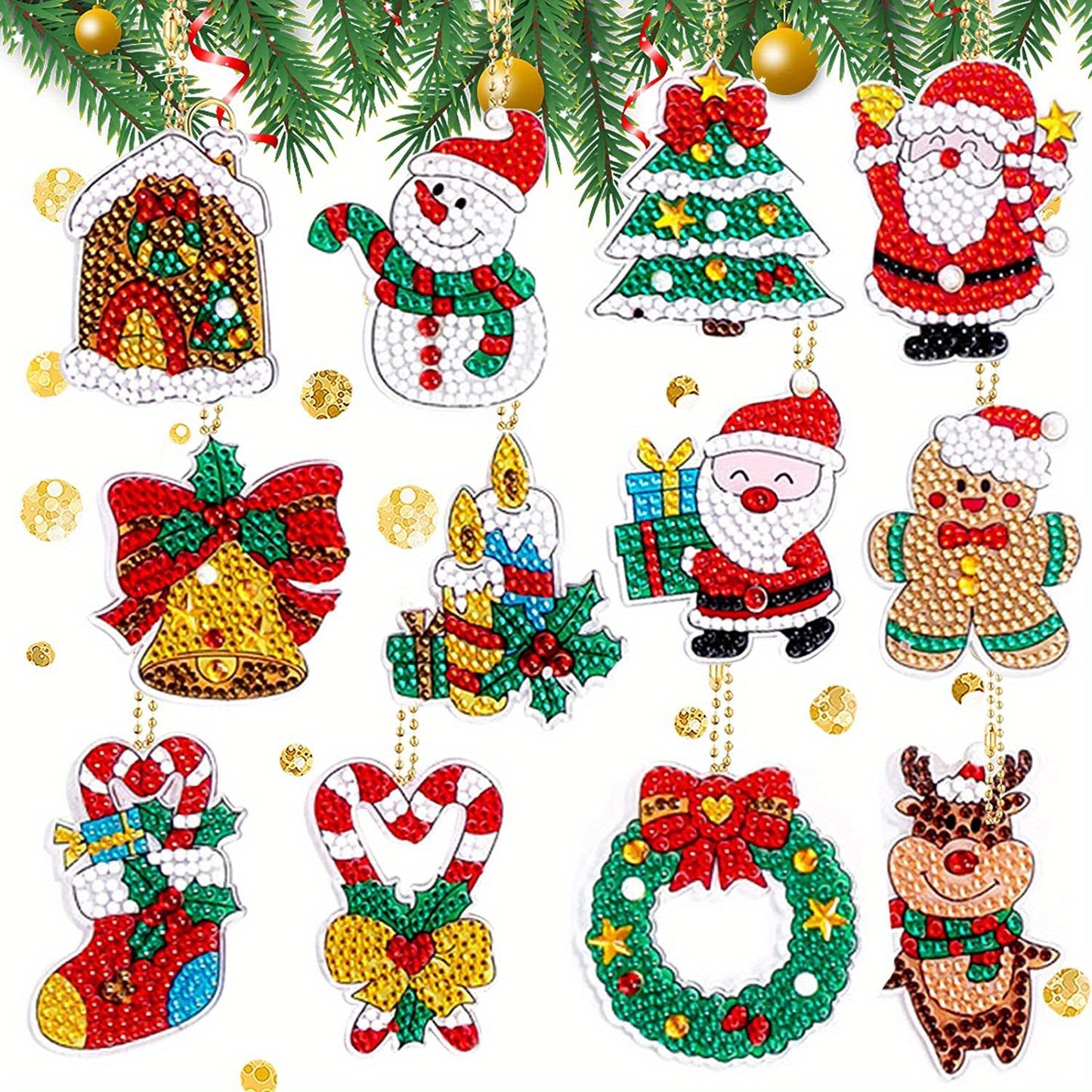 12pcs Christmas Tree Ornaments: 5D DIY Diamond Painting Keychains for a Festive Decoration!