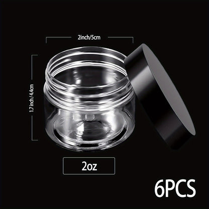 6 pcs Leak-Proof Plastic Pot Jars for Travel Storage and Cosmetic Use - Includes 6 Sizes (6,4,3,2)oz - Clear and Black Lids - Perfect for Makeup, Eye Shadow, Nails, Powder, Paint, and Jewelry