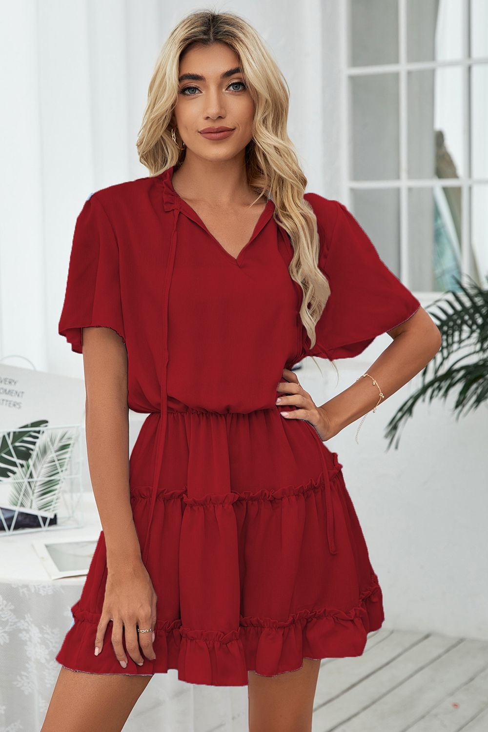 Tie Neck Frill Trim Short Sleeve Mini Dress