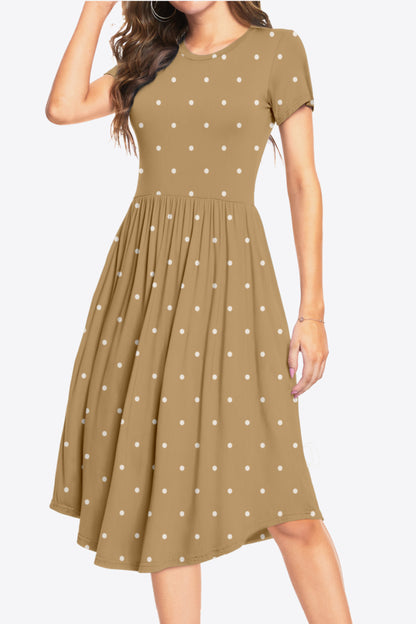 Printed Round Neck Short Sleeve Dress with Pockets