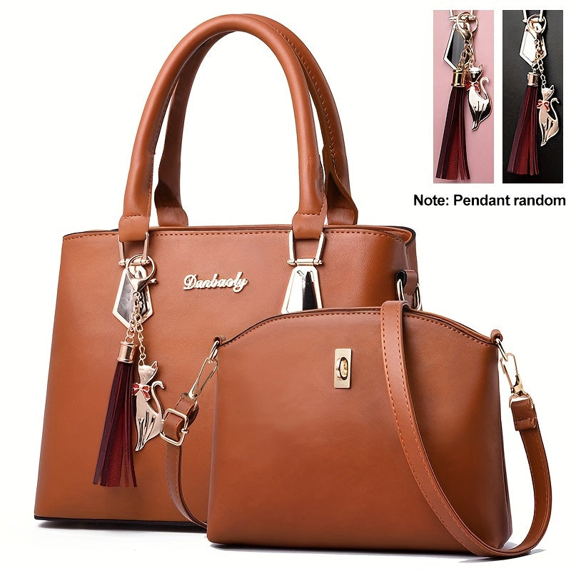 Women's 2-Piece PU Leather Bag Set - Tassel Decor Handbag & Crossbody Purse for Work & Office