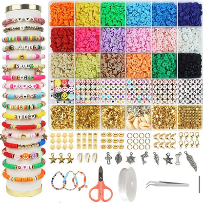 5100/7000/8600/9500 Pcs Clay Beads For Bracelet Making Kit, Preppy Spacer Flat Beads Polymer With Charms And Elastic Strings Gifts For Teen Girls Crafts DIY Craft For Girls,Children's Day Gift Set