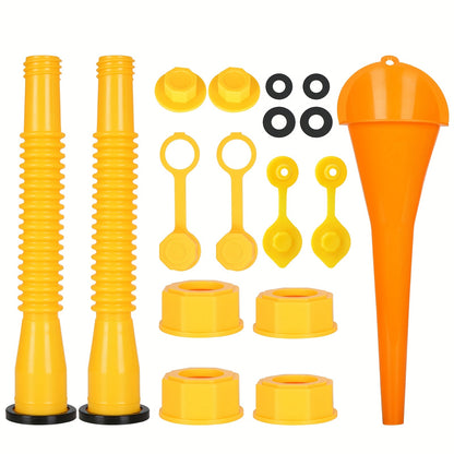 (2kit-Yellow) Gas Can Spout Replacement Kit with Long Stem Funnel and Anti-Splash Plastic Funnel - Includes 4 Screw Collar Caps