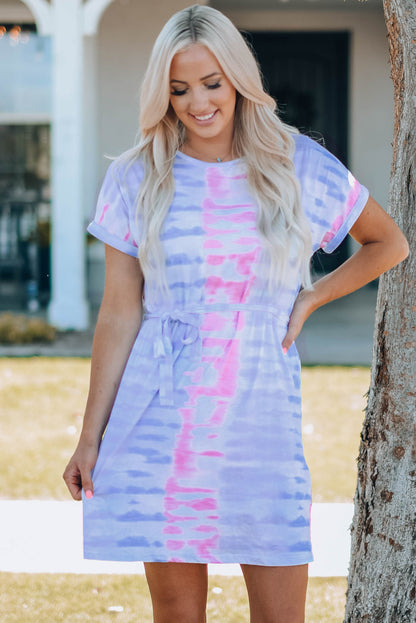 Vestido estilo camiseta con cinturón y teñido anudado para mujer