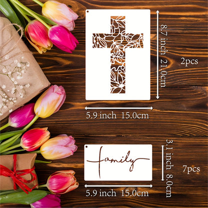 9pcs Christian Cross Painting Stencils Set - Forgiveness, Believe in Jesus, Reusable Stencils for Wall Decor, Wood, Canvas & More