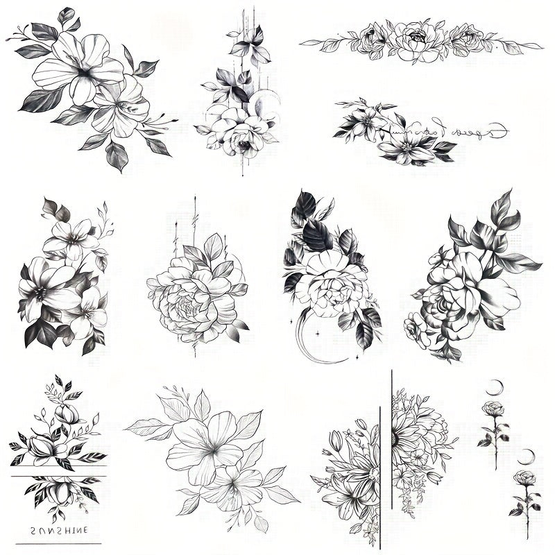 12 Pcs Long-Lasting Waterproof Flower Tattoo Stickers - Perfect for Female Tattoo Lovers!