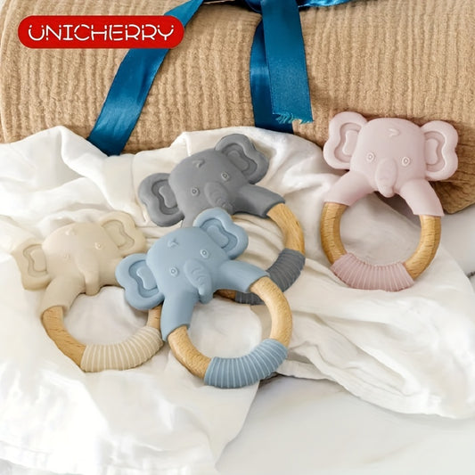 1pc Silicone Baby Teether Toy: Natural Beech Wood Handle, Soothe Babies' Sore Gums, Elephant Chew Toys For Infant Boys & Girls