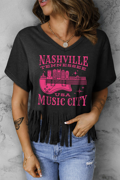 NASHVILLE TENNESSEE USA MUSIC CITY Graphic Fringe Hem Tee