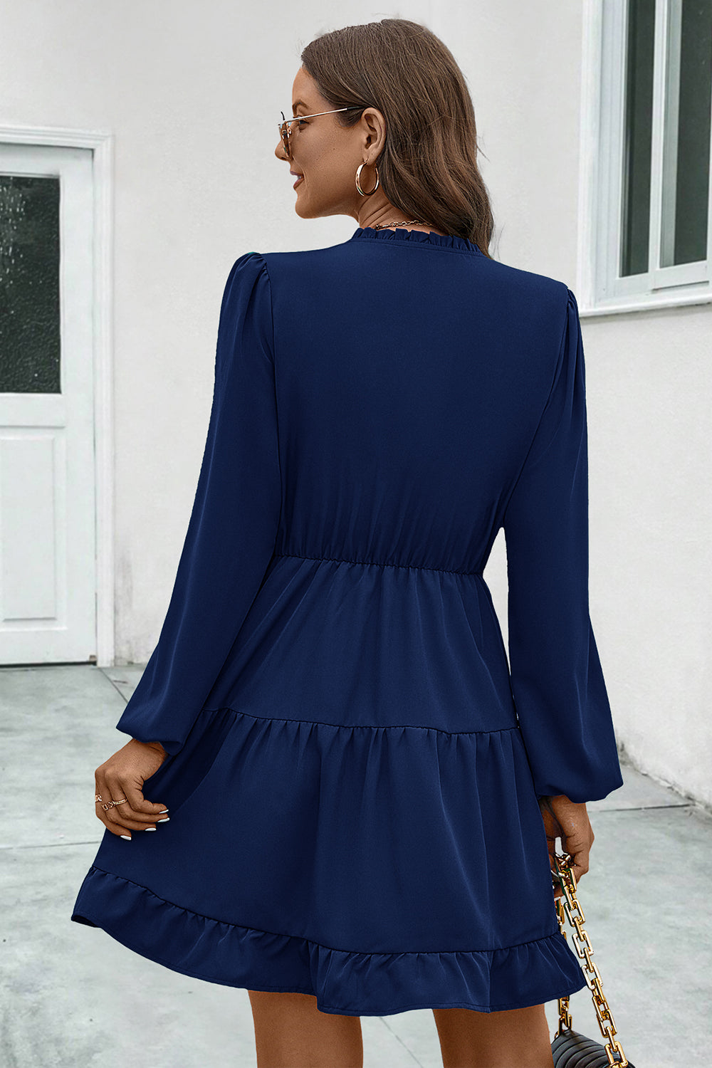 V-Neck Tie Neck Long Sleeve Dress