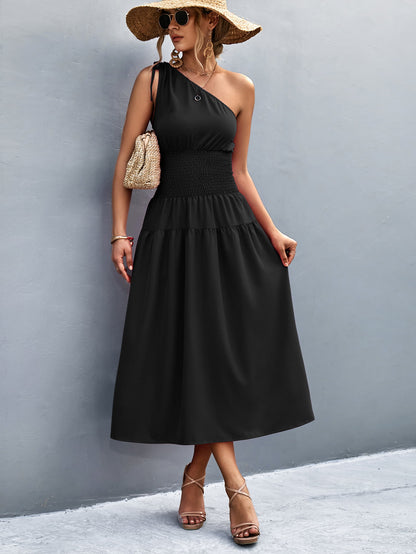 Asymmetrical One Shoulder Smocked Waist Midi Dress