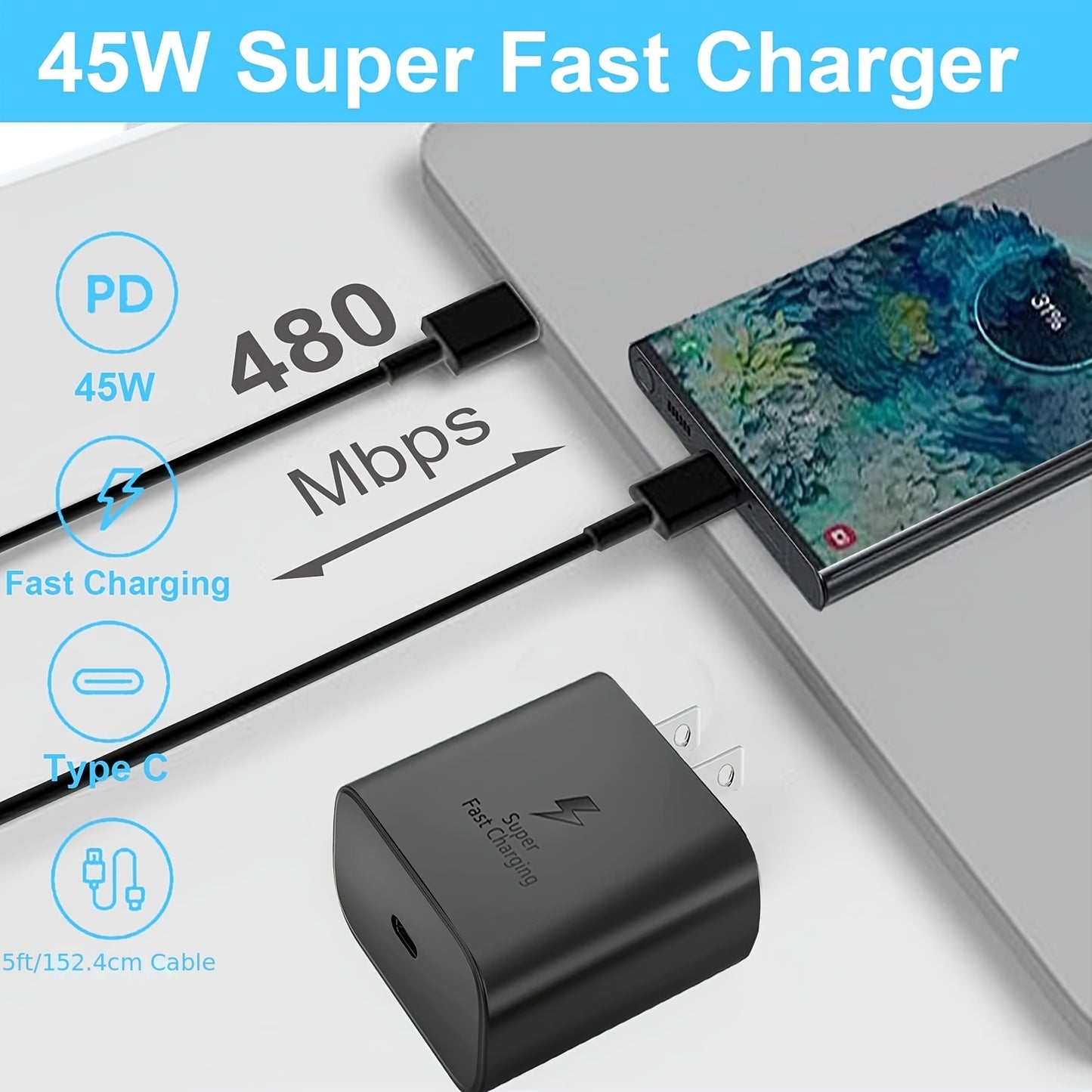 45W Fast Wall Charger Type C, 45W USB-C Super Fast Charger For Samsung Galaxy S22 Ultra/S22+/S22/S21 Ultra/S21 Plus/S21/S20/S20 Ultra/Note 20/S10, 45 Watt PPS Android Phone Charge,With 1.5m/4.9ft Data Cable