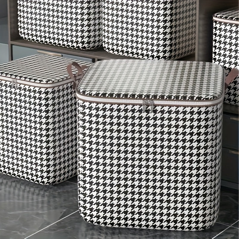 1pc Clothes Storage Bag, Houndstooth Pattern Folding Fabric Storage Bag, Large Capacity Waterproof Moisture-proof Cotton Quilt Storage Bag, Home Organization And Storage