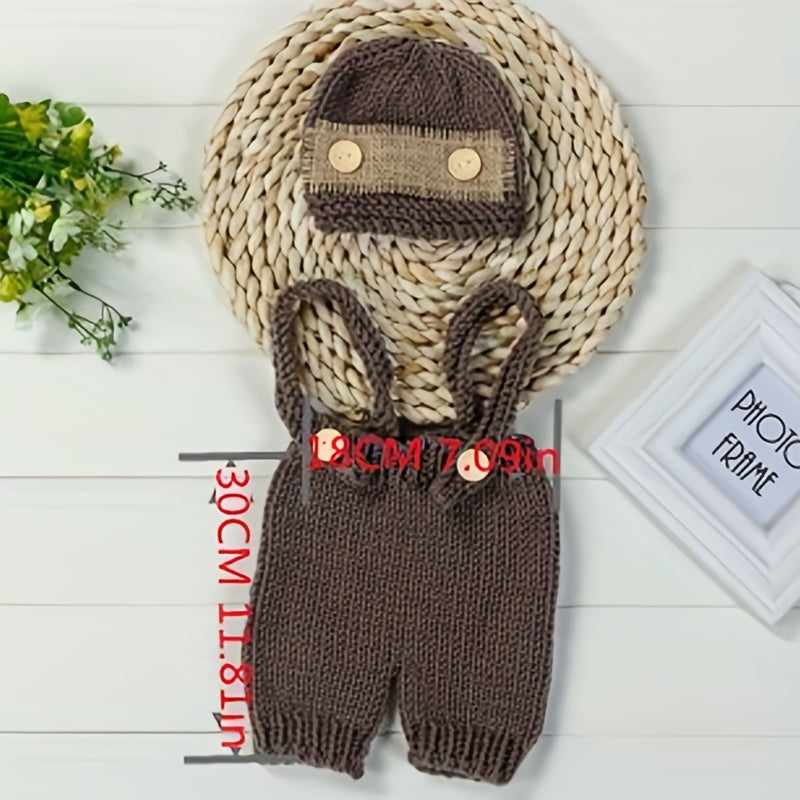 Adorable Newborn Baby Boy Crochet Photo Prop Set - Buttoned Hat, Pants, and Overalls for Memorable Photography Sessions