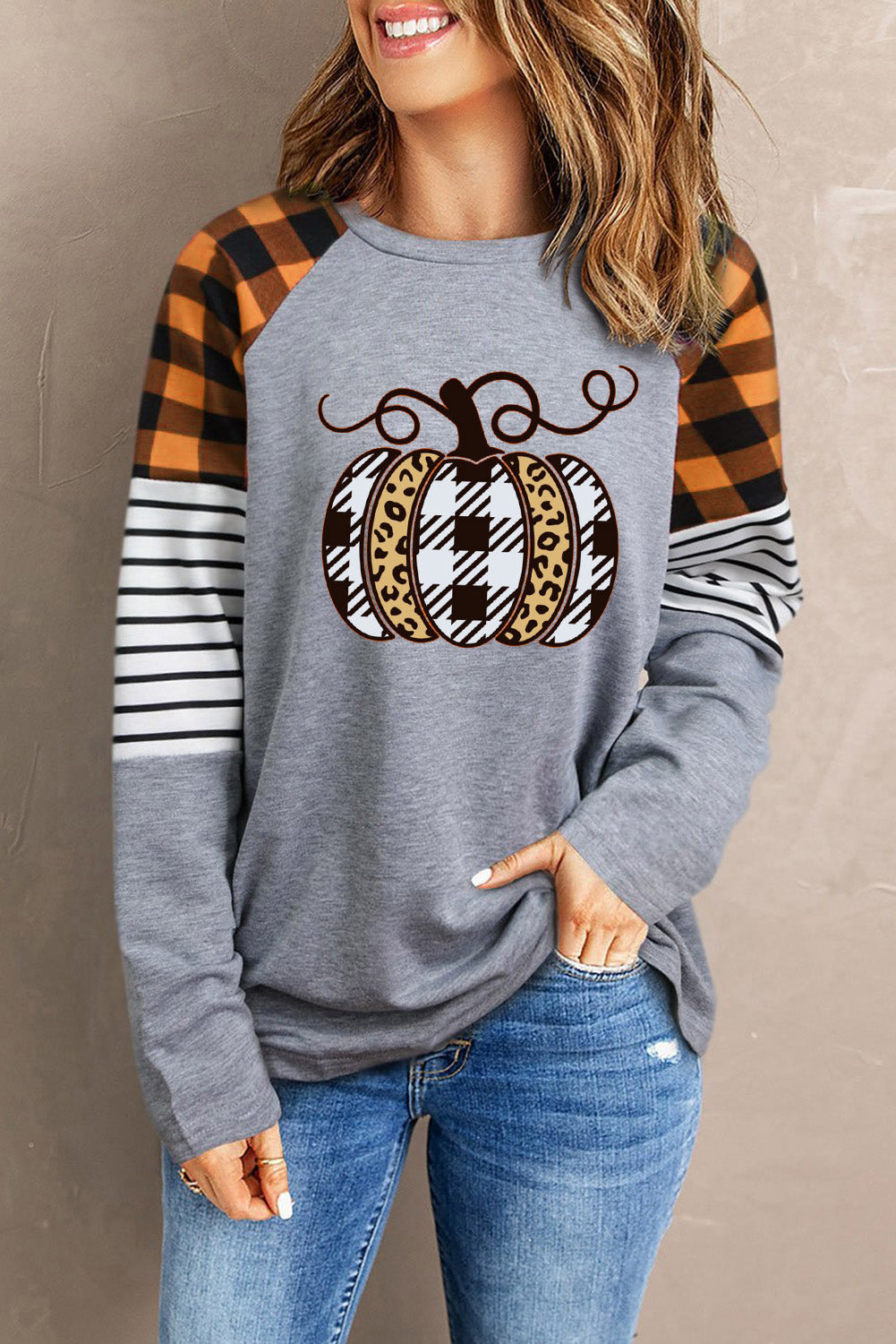 Round Neck Long Sleeve Pumpkin Graphic T-Shirt