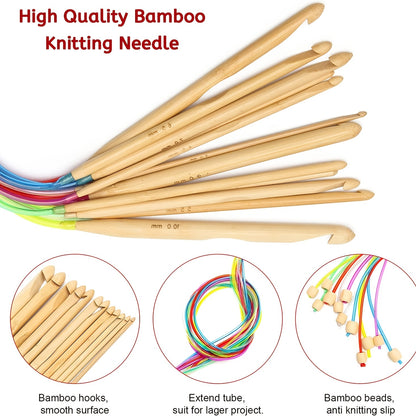 23-Piece Colorful Cable Bamboo Knitting Needle & Aluminum Crochet Hook Set - Perfect for Tunisian Crochet Projects!