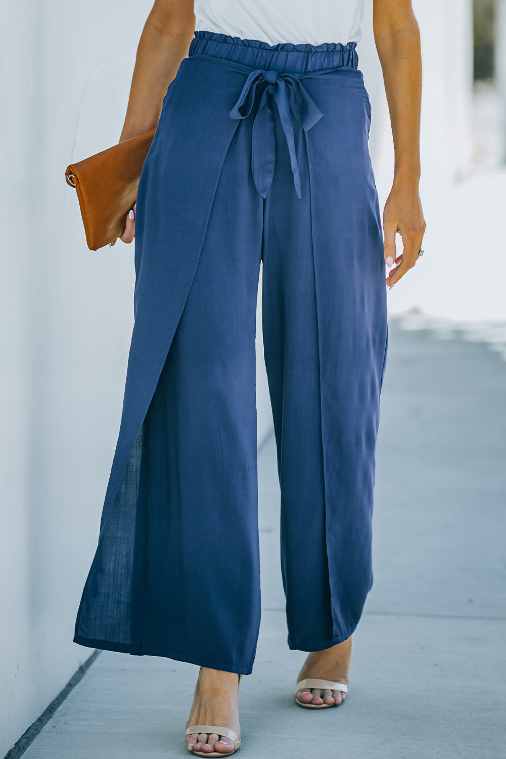 Paperbag Waist Tie Front Wide Leg Pants