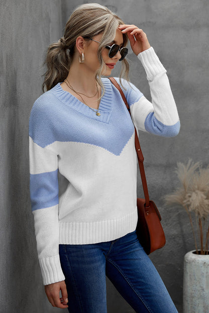 Chevron Color Block V-Neck Dropped Shoulder Sweater