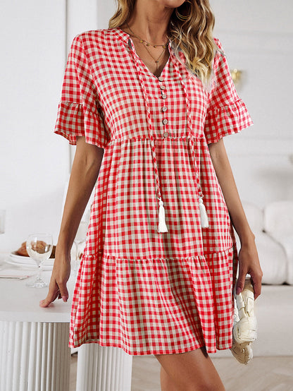 Plaid Flounce Sleeve Buttoned Mini Dress