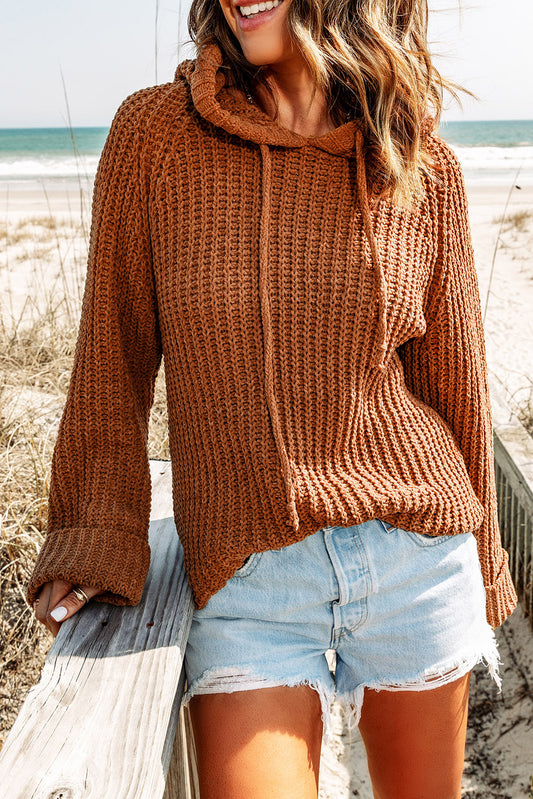 Pull à capuche en tricot côtelé avec cordon de serrage