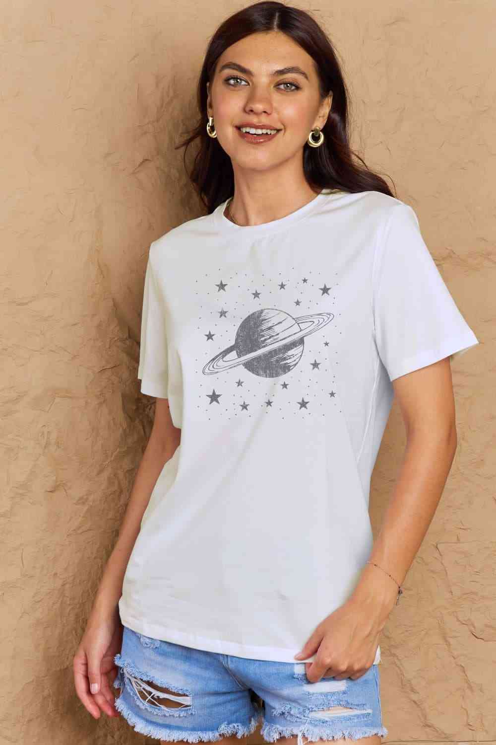 T-shirt en coton avec image Planet, taille réelle, Simply Love