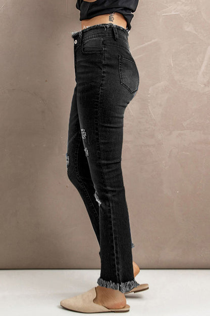 High Waist Distressed Raw Hem Jeans